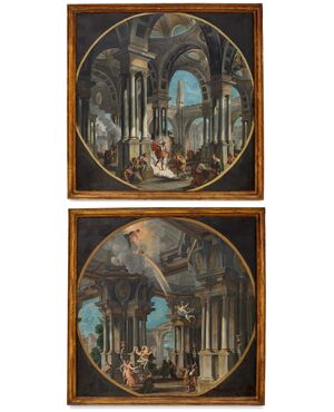 RISERVATI Coppia di capricci architettonici con scene mitologiche, olio su tela, pittore bolognese attivo nel XVIII secolo