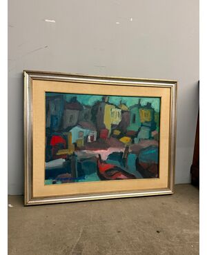 Dipinto materico paesaggio case moderno anni '60, 80x60cm