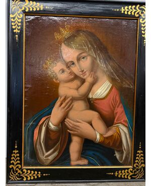 Antico dipinto Vergine e Bambino, XIX sec, 74x58cm