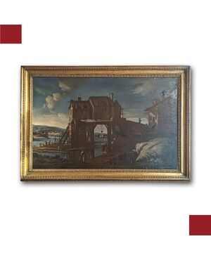 GRANDE DIPINTO CON PAESAGGIO E FIGURE FINE DEL XVII SECOLO