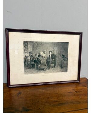 Antica incisione '800 Celestino Turletti. Ben arrivato Lo Zio, 44x32cm