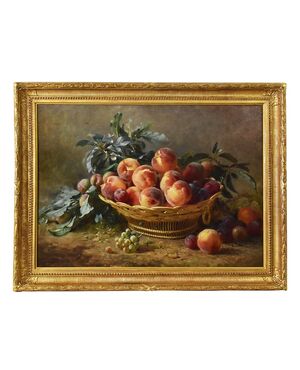 DIPINTI ANTICHI, NATURA MORTA  CON FRUTTA, CESTO DI  PESCHE E PRUGNE, OLIO SU TELA, XIX SECOLO. (QNM590)