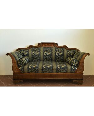 Carved and inlaid walnut wood sofa, Piedmont, early 19th century, Charles X period