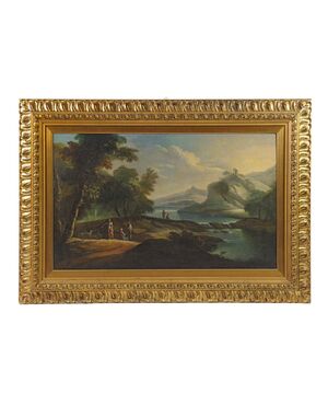 Giovanni Domenico Gambone (1720/ 1793) cerchia di, Paesaggio fluviale con viandanti e pastori, olio su tela