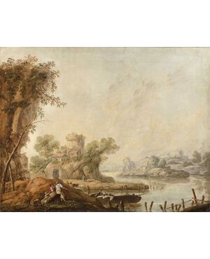 Flemish painter from the second half of the 18th century, river landscape with figures and livestock, oil on canvas