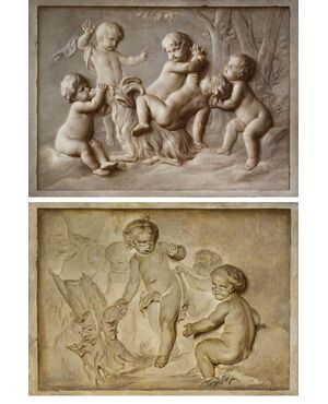 Pair of paintings, oil on canvas, depicting trompe l'oeil with putti games, attributable to Piat Joseph Sauvage (Tournai, 1744 – 1818)