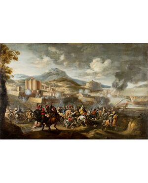 Marzio Masturzo, Battle between cavalry and vessels with fortified city on the left, oil on canvas, 17th century
