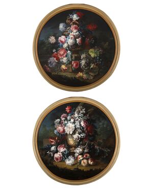 Michele Antonio Rapos (Turin 1733-1819), Pair of paintings depicting Still Life with triumph of flowers and fruit, oil on canvas