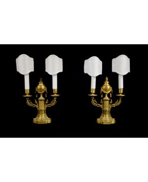 Pair of two-light candelabras in chiselled and gilded bronze, 19th century, Louis XVI style France