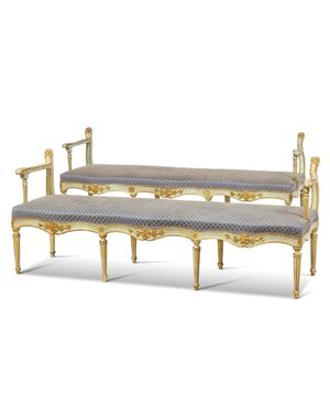Pair of benches in carved, lacquered, and gilded wood. Central Italy, second half of the 18th century