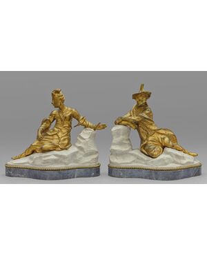 Pair of gilded bronze sculptures on marble base depicting Chinese figures, France, 18th century
