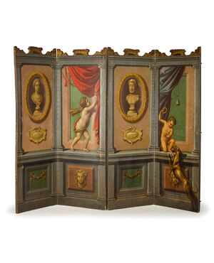 Large neoclassical screen with four panels painted in oil on canvas, Italy, second half of the 18th century