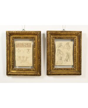 Pair of ink drawings on paper with studies for grotesques, friezes, and helmets. Central Italian painter of the 17th century
