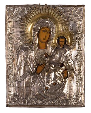 Icon depicting the Madonna and Child, painting on wood panel, embossed silver-plated copper Riza, 19th century