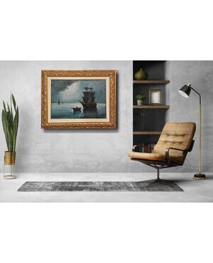 "NOCTURNE WITH SAILING SHIP" - OIL ON CANVAS - 20TH CENTURY
