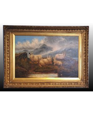 MOUNTAIN PASTURE WITH SHEEP - FRANCE - 19TH CENTURY