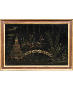 Chinese painter (18th century) - Oriental scene with pagoda and bridge.