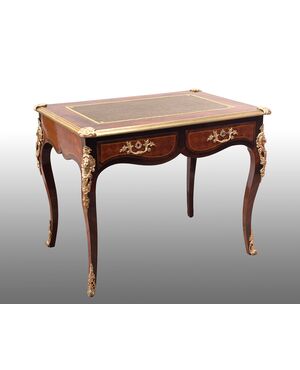 Antique French Napoleon III desk in precious exotic woods with gilded bronze inlays. 19th century period.