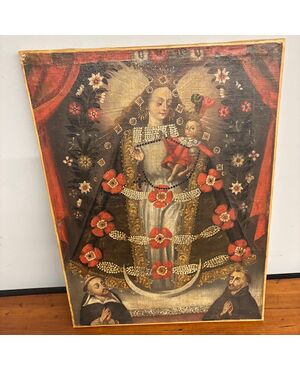 Antico dipinto scuola di Cuzco Olio su tela XVII sec Madonna di Pomata,Gesu’ , S. Nicola da Tolentino e S. Francesco.  Mis 57x 42,5