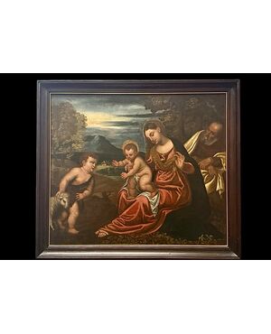 Dipinto olio su tela raffigurante Sacra Famiglia con San Giovannino.