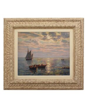 QUADRI ANTICHI, QUADRI MARE, MARINA CON VELIERO, PITTURA AD OLIO SU TELA, DELL'800. (QM701)