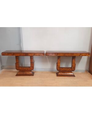 Coppia di grandi console art deco razionaliste in noce e radica anno 1930