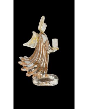 Murano glass angel candlestick with aventurine vertical bands.