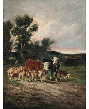 Pittore europeo (fine XIX sec.) - Paesaggio con mucche e gregge di pecore.