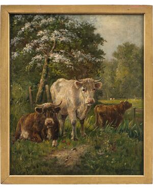 European painter (late 19th century) - Cows grazing.