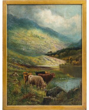 Pittore inglese (fine XIX sec.) - Paesaggio con mandria di Highlands al lago.