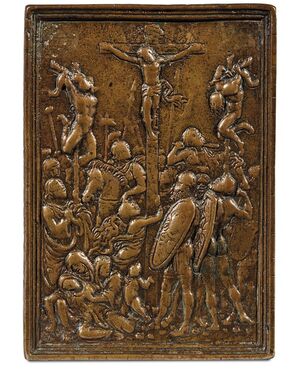 Galeazzo Mondella detto Il Moderno placchetta in bronzo raffigurante la crocifissione