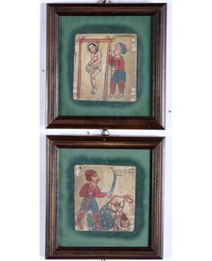Due miniature su pergamena rappresentanti esecuzioni capitali Etiopia XVIII secolo
