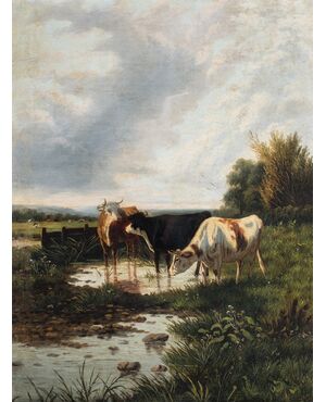 Pittore europeo (fine XIX sec.) - Paesaggio con mucche al pascolo.