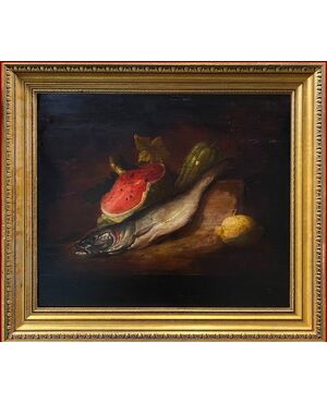 STILL LIFE WITH WATERMELON AND HAKE 19TH CENTURY OIL ON PANEL