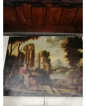 Madonna with child, Saint John and Saint Joseph - Landscape with ruins - 17th century