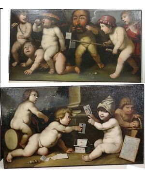 Coppia di dipinti del '700 - Putti che giocano con giochi dell'epoca - olio su tela