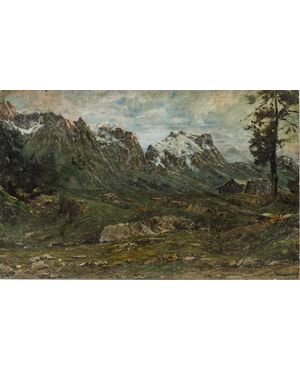 Double-sided painting - Front with mountain landscape and back with female portrait - Italy 19th century - oil on canvas