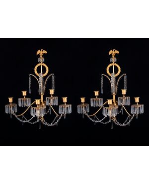 Coppia di importanti Appliques in bronzo dorato e cristallo, Francia, 1805 circa