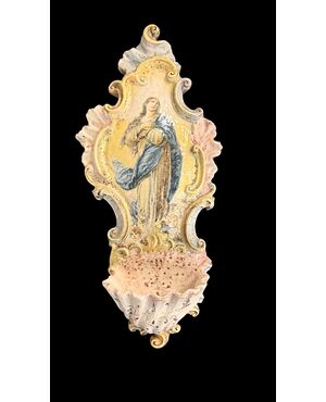 Polychrome majolica holy water font with a depiction of the Madonna. Minghetti. Bologna.
