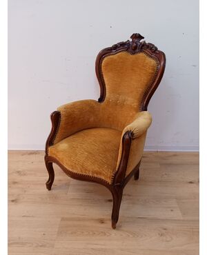 Poltrona velluto giallo Luigi Filippo in noce - poltroncina - epoca meta' 800.