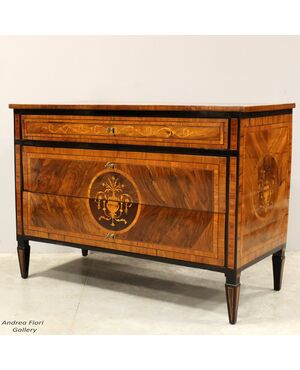 Antico cassettone comò Luigi XVI in noce intarsiato - Italia epoca '700