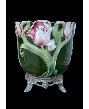 Barbotine ceramic jardiniere vase with floral decoration. France.