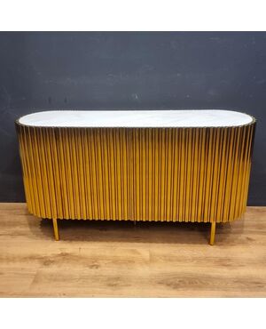 Vintage Gold Steel Credenza with Marble Top