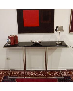 1980s Design Console in Brushed Steel with Black Lacquered Shelf