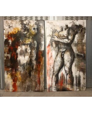 Coppia di olii su tela nudo figurativo arte moderna firmato