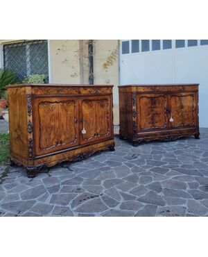 Pair of Bolognese sideboards, 1830, Charles X style in walnut briar