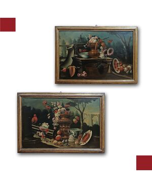 COPPIA DI DIPINTI CON NATURE MORTE FINE XVII SECOLO