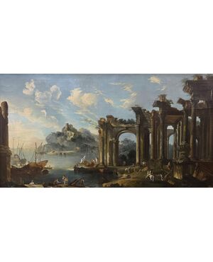Capriccio con rovine architettoniche e veduta di porto - dipinto su tela