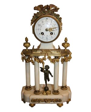 Orologio da camino in marmo e bronzo dorato, Francia, fine XIX secolo