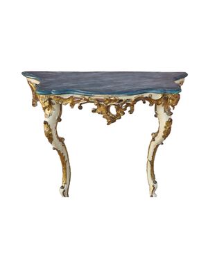 Neapolitan Louis XV console in carved, mecca-silvered and lacquered wood, mid-18th century